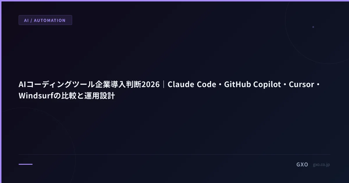 AIコーディングツール企業導入判断2026｜Claude Code・GitHub Copilot・Cursor・Windsurfの比較と運用設計