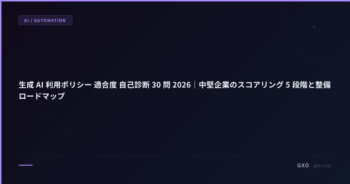生成 AI 利用ポリシー 適合度 自己診断 30 問 2026｜中堅企業のスコアリング 5 段階と整備ロードマップ