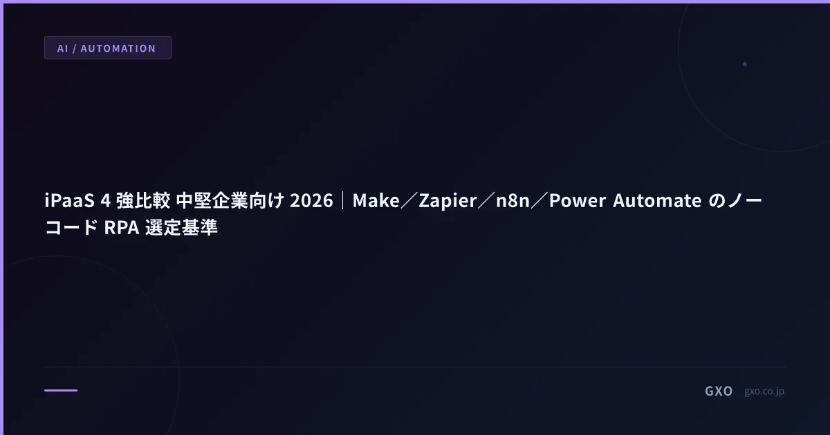 iPaaS 4 強比較 中堅企業向け 2026｜Make／Zapier／n8n／Power Automate のノーコード RPA 選定基準