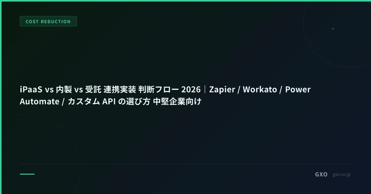 iPaaS vs 内製 vs 受託 連携実装 判断フロー 2026｜Zapier / Workato / Power Automate / カスタム API の選び方 中堅企業向け