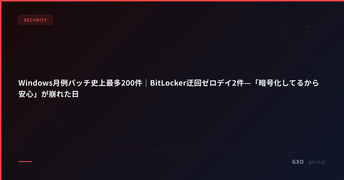 Windows月例パッチ史上最多200件｜BitLocker迂回ゼロデイ2件—「暗号化してるから安心」が崩れた日