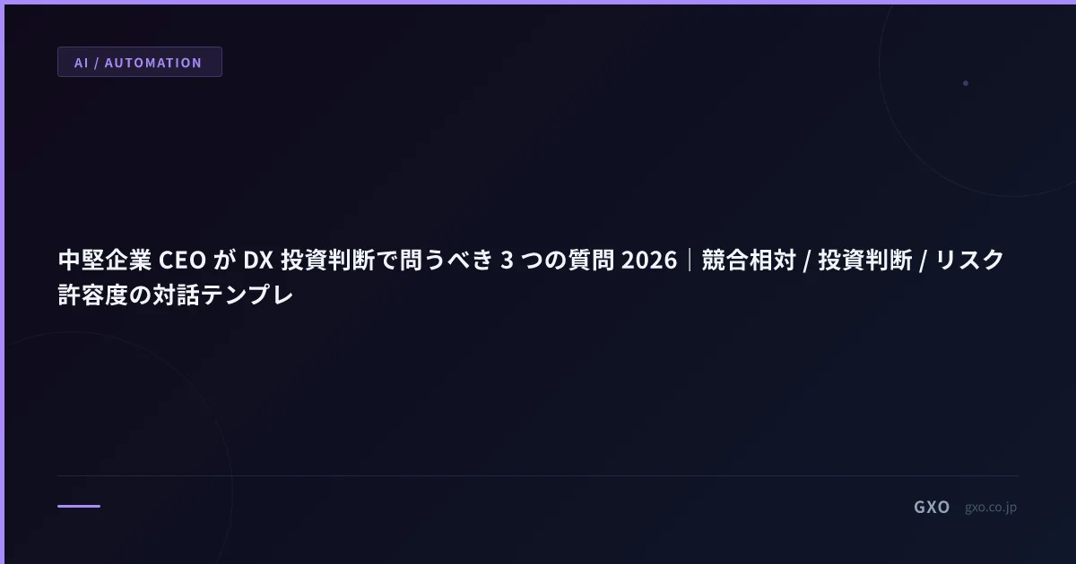 中堅企業 CEO が DX 投資判断で問うべき 3 つの質問 2026｜競合相対 / 投資判断 / リスク許容度の対話テンプレ