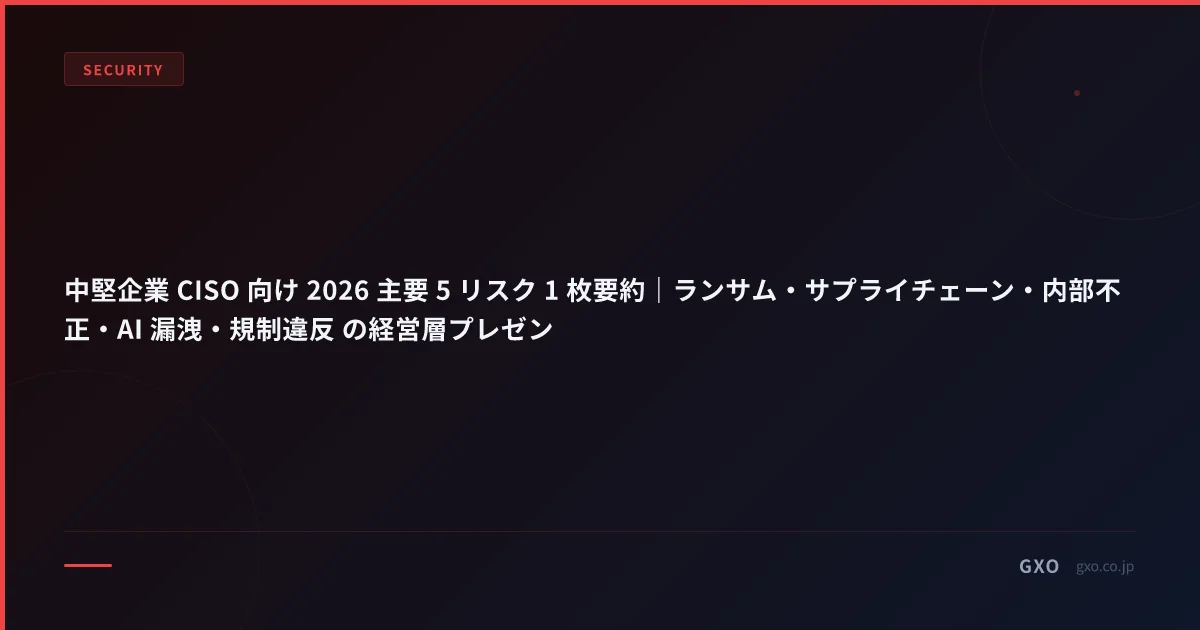 中堅企業 CISO 向け 2026 主要 5 リスク 1 枚要約｜ランサム・サプライチェーン・内部不正・AI 漏洩・規制違反 の経営層プレゼン