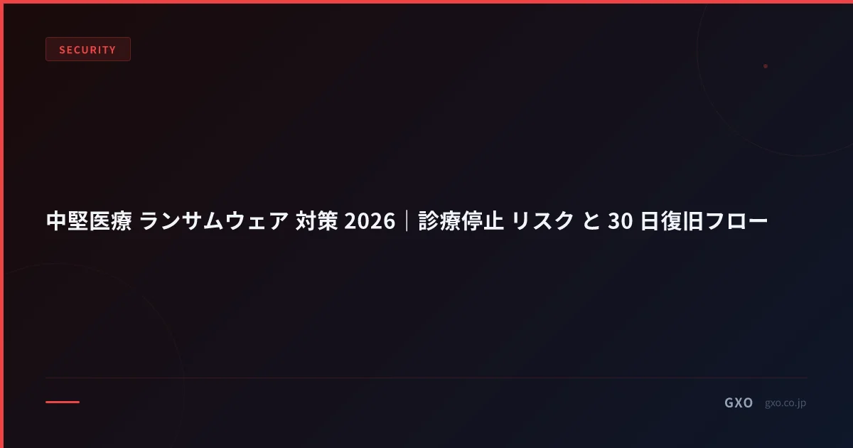 中堅医療 ランサムウェア 対策 2026｜診療停止 リスク と 30 日復旧フロー