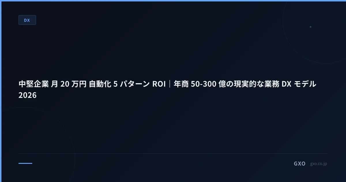 中堅企業 月 20 万円 自動化 5 パターン ROI｜年商 50-300 億の現実的な業務 DX モデル 2026