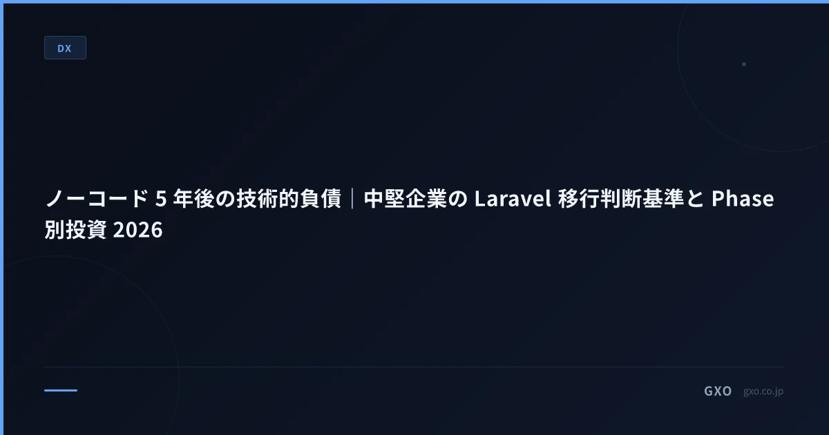 ノーコード 5 年後の技術的負債｜中堅企業の Laravel 移行判断基準と Phase 別投資 2026