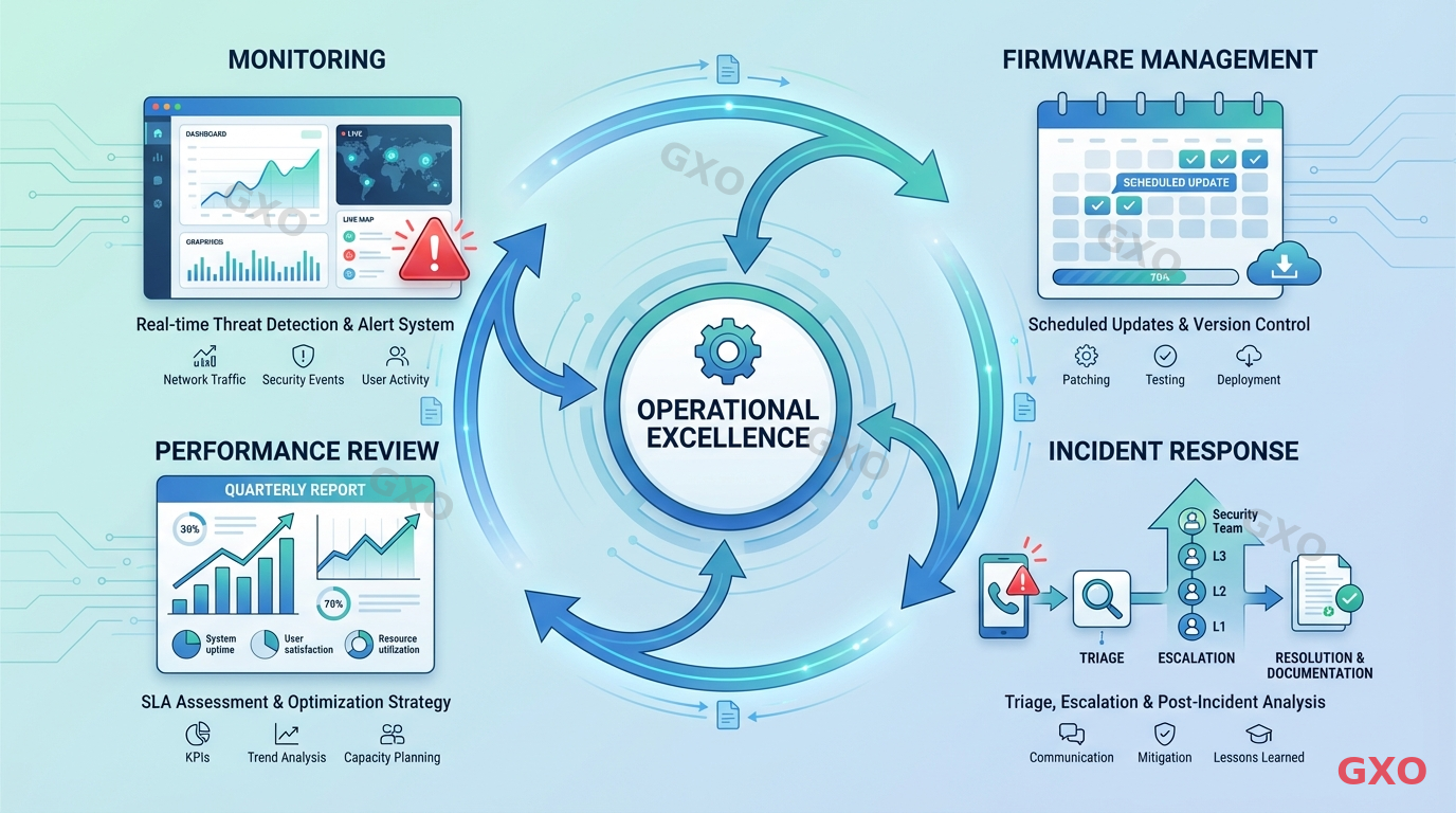 Clean modern illustration showing VPN operations best practices as a workflow cycle. Four connected nodes in a circular flow: 1) Monitoring (dashboard with alerts), 2) Firmware Management (update schedule calendar), 3) Incident Response (escalation flowchart), 4) Performance Review (quarterly report graph). Central hub labeled 'Operational Excellence'. Blue and teal color scheme with smooth connecting arrows, modern corporate illustration style.