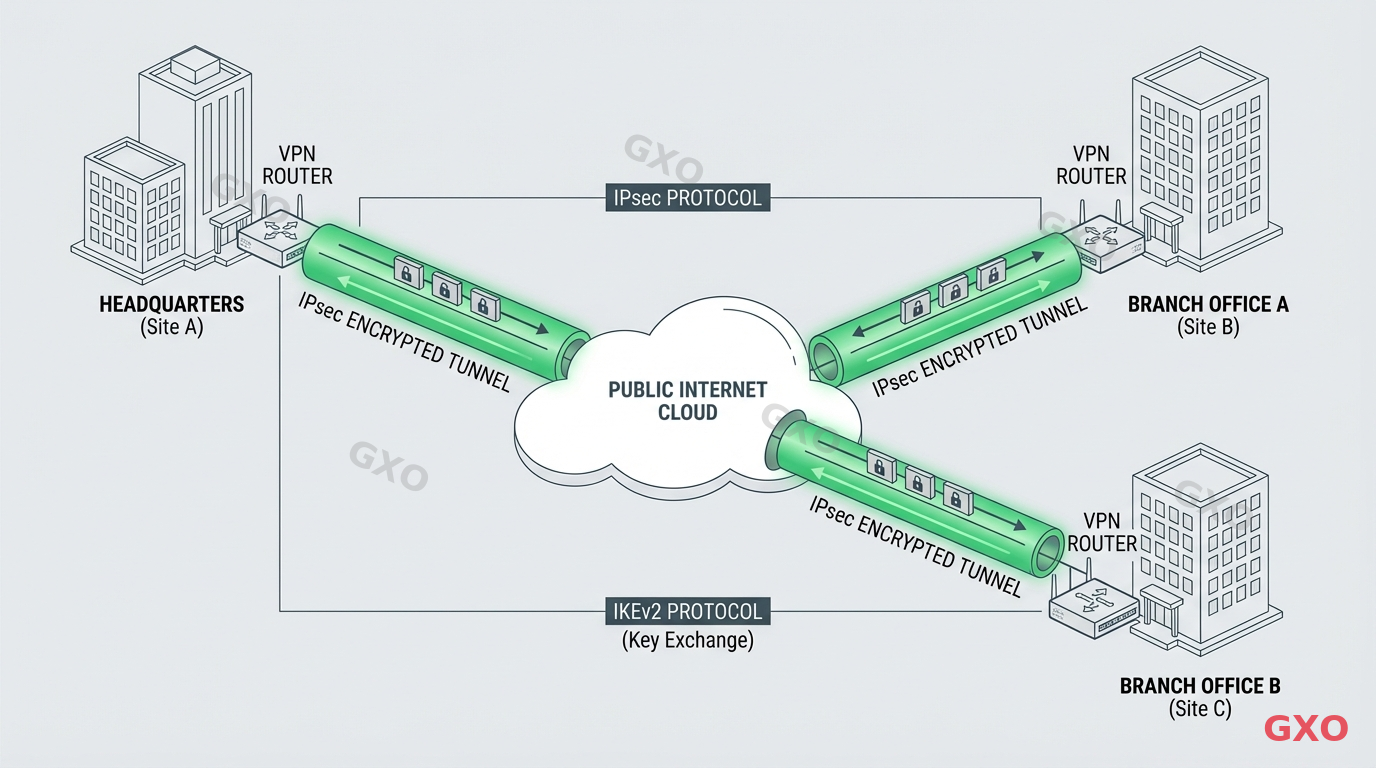 Technical diagram illustrating how Internet VPN works for enterprise multi-site connections. Shows three office buildings connected through the public internet cloud with IPsec encrypted tunnels depicted as secure green pipes. VPN routers at each site entrance, padlock icons on data packets flowing through tunnels. Labels for IPsec, IKEv2 protocols. Clean technical style with light gray background and highlighted green secure paths.