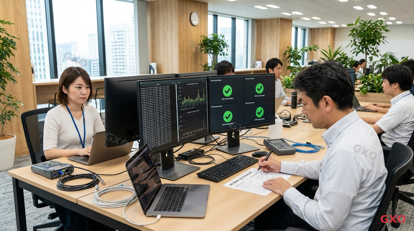 Photo-realistic image of an IT team conducting network testing in a modern Japanese office. Two engineers (one male, one female, both in their 30s-40s) looking at dual monitors showing ping test results, bandwidth graphs, and VPN tunnel status dashboards. Green checkmark icons on successful connection tests. A printed checklist on the desk being marked with a pen. Professional office environment with good lighting, conveying thorough quality assurance process.