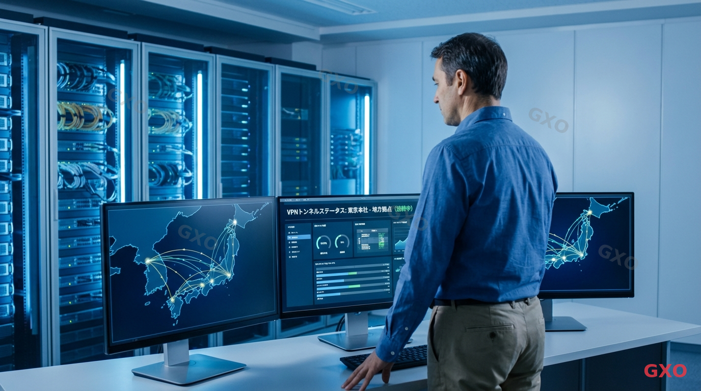 Photo-realistic image of a modern Japanese corporate network operations center with multiple large monitors displaying network topology maps connecting office locations across Japan. A senior IT engineer (male, 40s, wearing business casual) is reviewing a dashboard showing VPN tunnel status between Tokyo headquarters and regional branch offices. Cool blue ambient lighting, clean server room environment with organized cable management, conveying enterprise-grade network security and reliability.