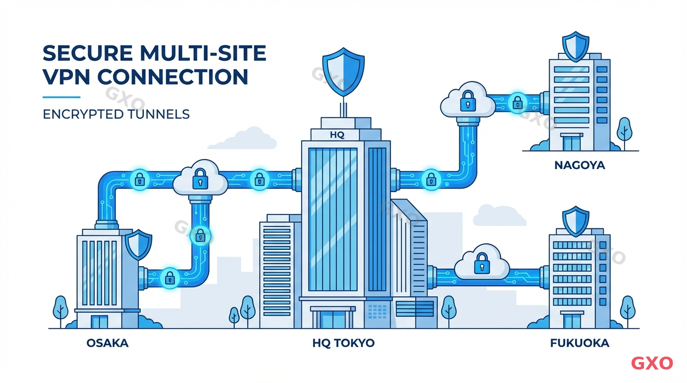 Clean modern illustration showing the concept of multi-site VPN connection. A central headquarters building in Tokyo connected via encrypted tunnels (depicted as glowing secure pipes) to three regional branch offices in Osaka, Nagoya, and Fukuoka. Icons representing encryption locks on each tunnel, cloud symbols for internet backbone, and shield icons for security. Flat design style with blue and white color scheme, professional corporate look.