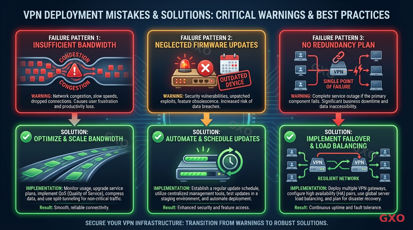 Professional infographic showing common VPN deployment mistakes and their solutions. Three main failure patterns displayed as warning cards: 1) Insufficient bandwidth (congestion icon), 2) Neglected firmware updates (outdated device icon with red X), 3) No redundancy plan (single point of failure diagram). Each card has a green checkmark solution below it. Alert-style design with red and amber warning colors transitioning to green solutions.