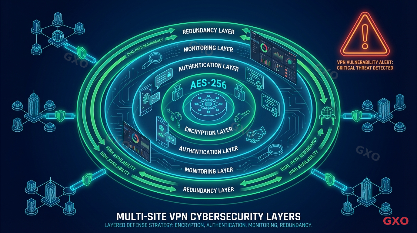 Clean modern illustration showing cybersecurity layers protecting a multi-site VPN network. Concentric security rings around a central network core: encryption layer (AES-256 label), authentication layer (MFA icons, certificate icons), monitoring layer (SIEM dashboard), and redundancy layer (dual-path arrows). Warning triangle with VPN vulnerability alert in corner. Professional security-focused illustration with dark blue background and neon green accent lines.