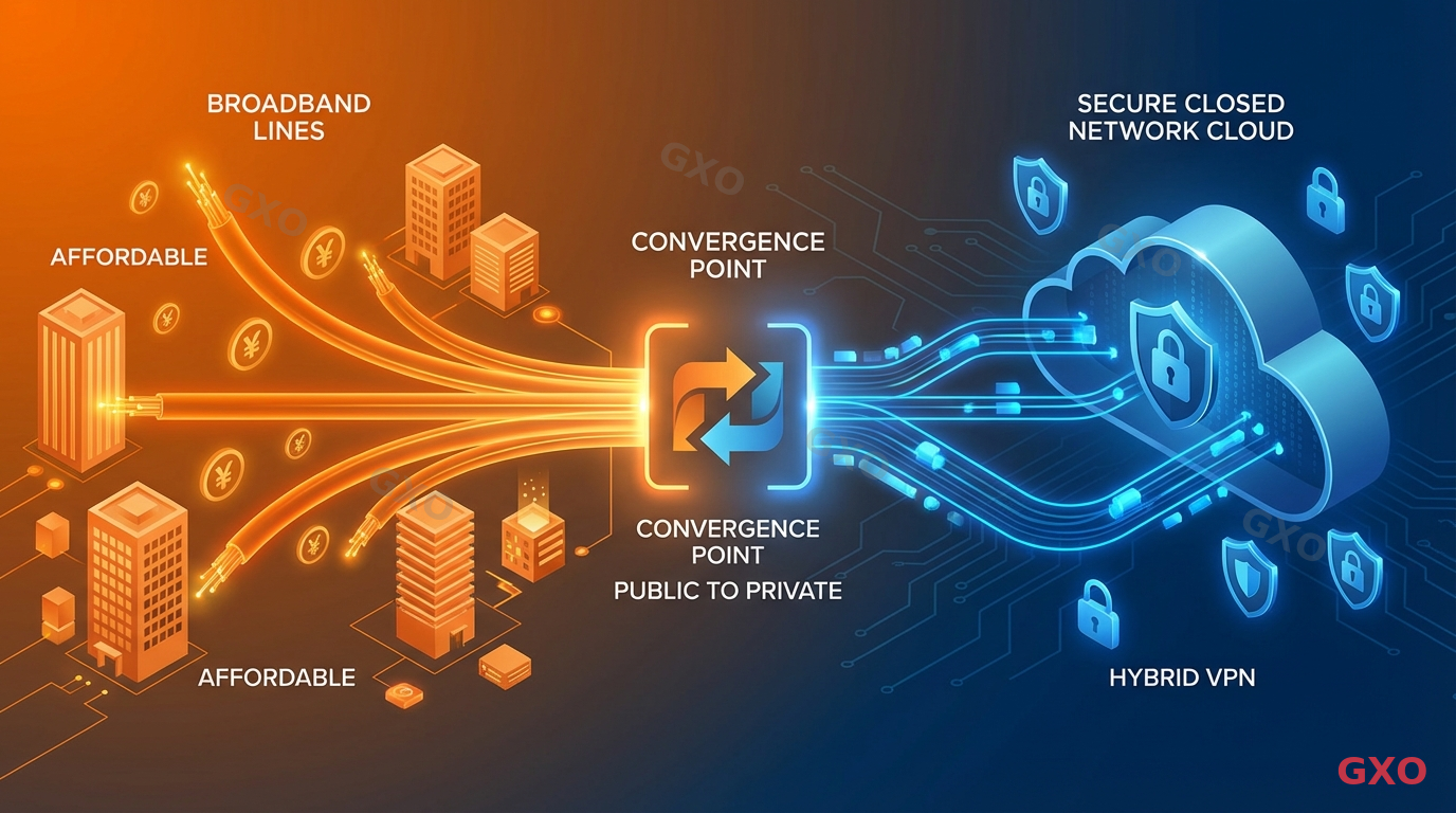 Clean modern illustration showing Entry VPN concept as a hybrid solution. On the left, affordable broadband lines (fiber optic cables) from each office site feeding into a central secure closed network cloud on the right. Cost-saving yen symbols near the broadband side, security shield icons near the closed network side. Middle section shows the convergence point where public broadband transitions to private network. Warm orange and blue dual-tone color scheme.