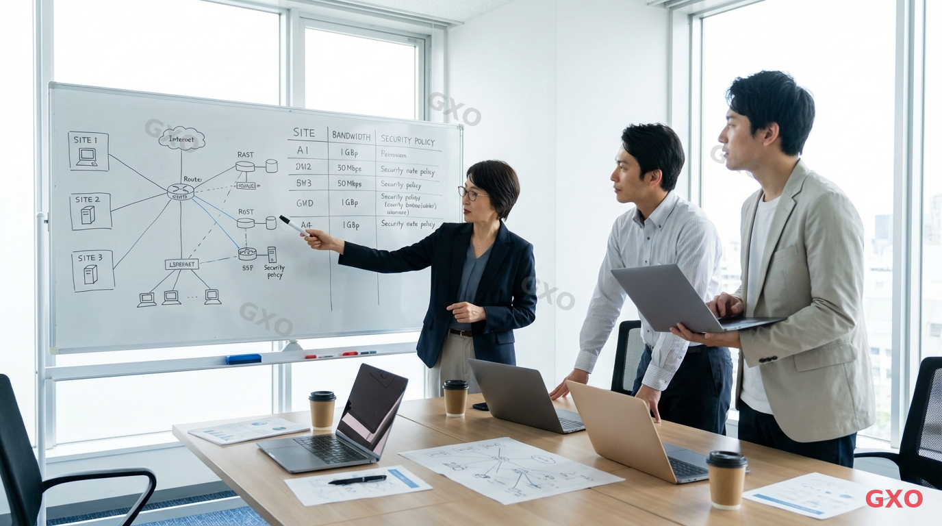 Photo-realistic image of a Japanese IT project team (3 people, mixed gender, ages 35-50) gathered around a large whiteboard in a modern meeting room. The whiteboard displays a network design diagram with site locations, bandwidth requirements, and security policies listed in columns. Team leader (female, wearing smart business attire) pointing at the requirements checklist. Laptops and printed network diagrams on the conference table. Bright natural lighting, focused professional atmosphere.