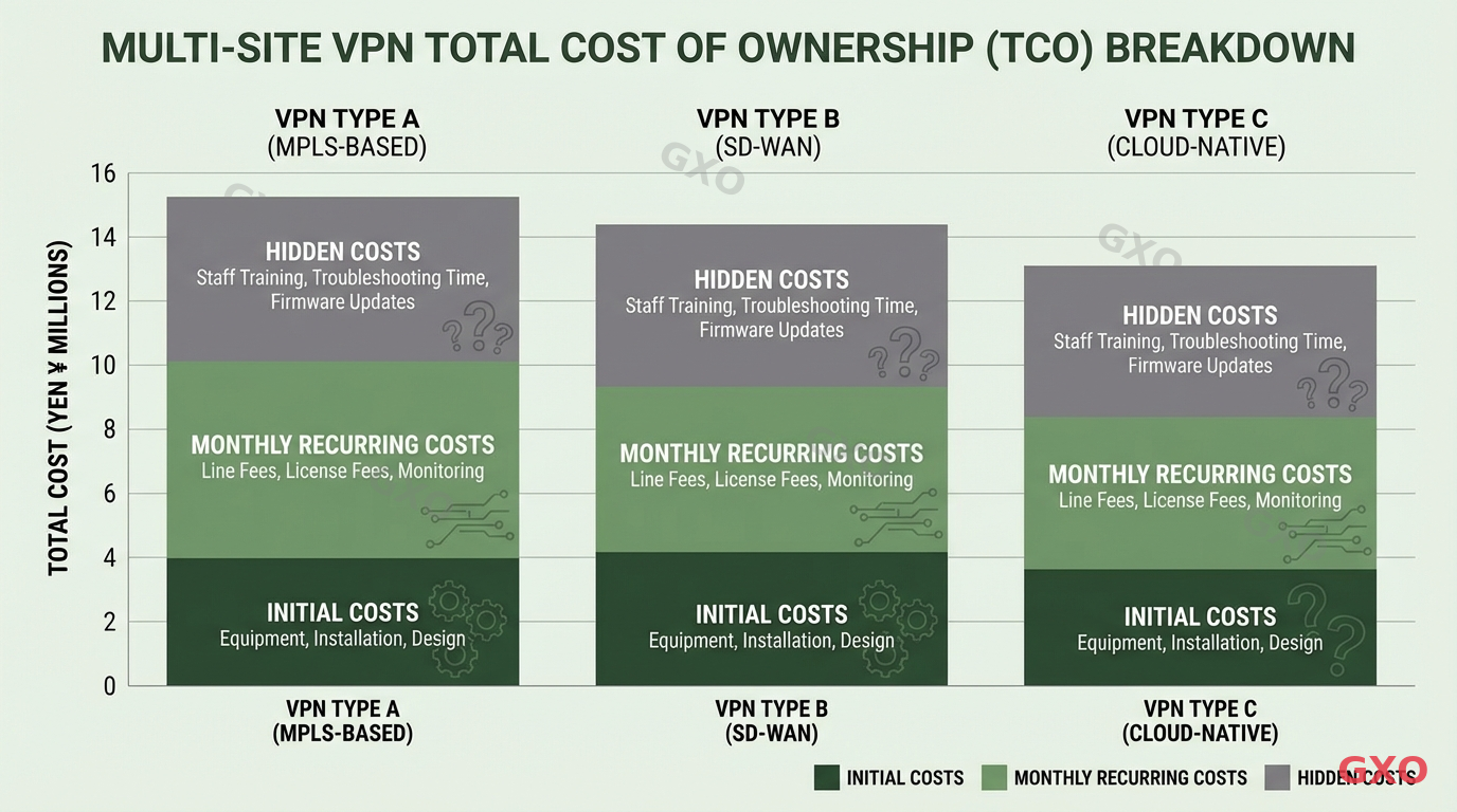 Professional infographic showing total cost of ownership breakdown for multi-site VPN deployment. Three main cost categories displayed as stacked bar charts: initial costs (equipment, installation, design), monthly recurring costs (line fees, license fees, monitoring), and hidden costs (staff training, troubleshooting time, firmware updates). Comparison across VPN types with yen-denominated scale. Clean financial infographic style with green and gray tones.