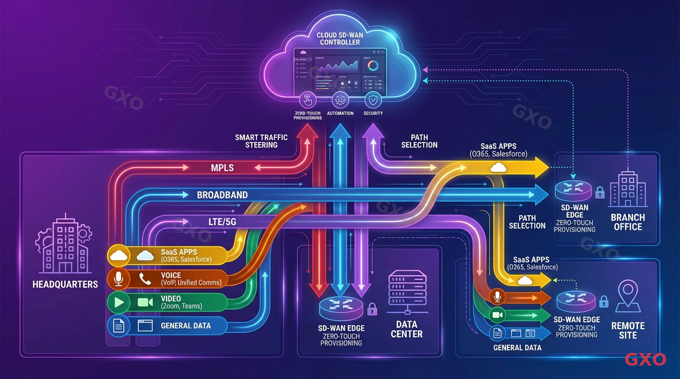Technical diagram illustrating SD-WAN architecture for multi-site enterprise network. Central cloud-based controller dashboard at the top managing multiple WAN connections (MPLS, broadband, LTE/5G) shown as parallel paths between sites. Application-aware routing depicted with different colored lanes for SaaS apps, voice, video, and general data. Smart traffic steering arrows, zero-touch provisioning icons at branch sites. Modern tech diagram style with purple and blue gradient.