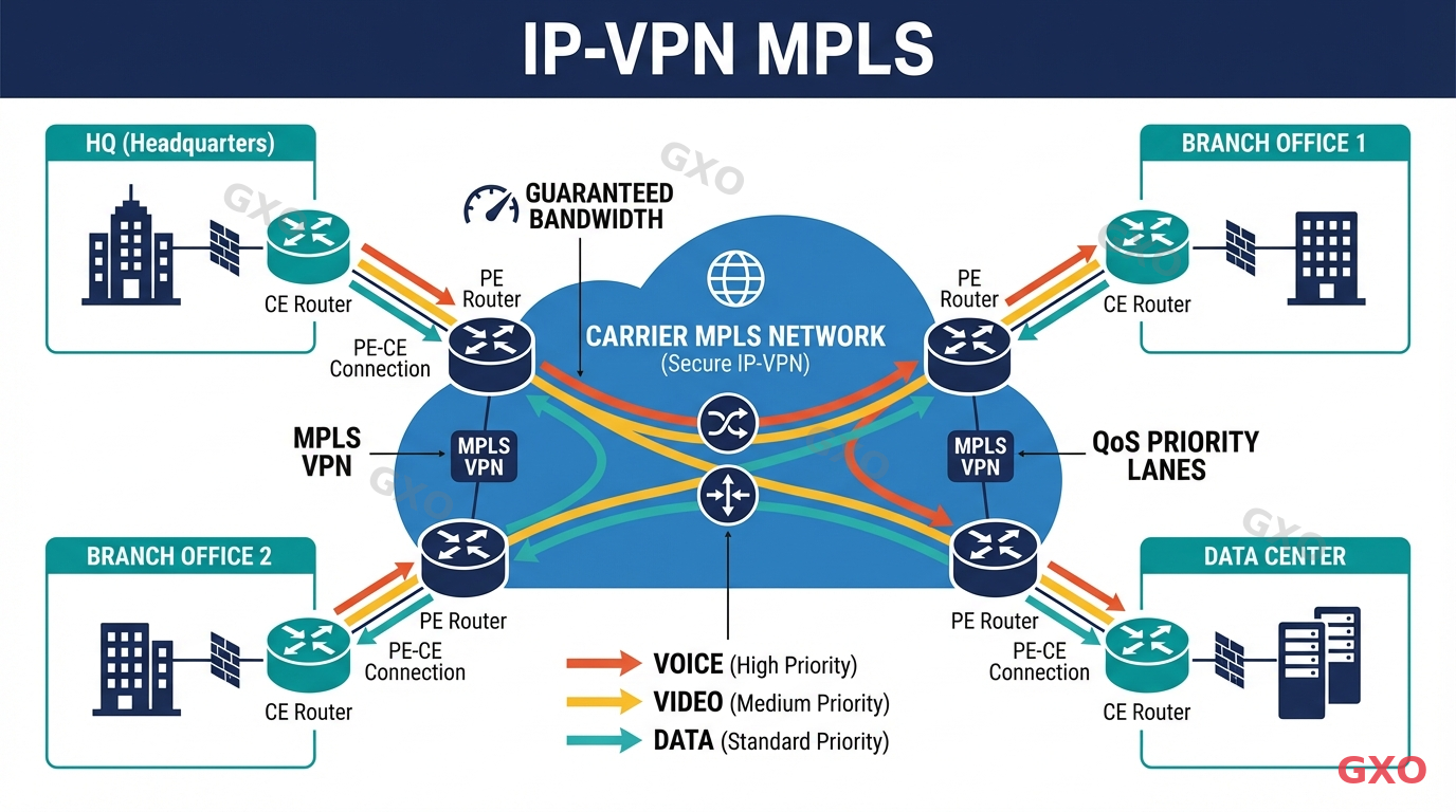Technical diagram showing IP-VPN MPLS network architecture for enterprise use. A closed carrier network (depicted as a secure blue cloud with MPLS labels) connecting multiple corporate sites via PE (Provider Edge) and CE (Customer Edge) routers. Bandwidth guarantee indicators, QoS priority lanes shown as different colored paths for voice, video, and data traffic. Professional network diagram style with navy and teal color scheme.