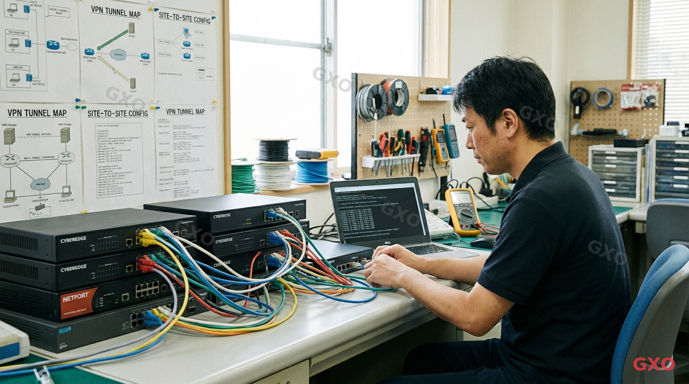 Photo-realistic image of enterprise networking equipment on a clean workbench. Multiple VPN routers and firewalls (generic black enterprise-grade devices) lined up with ethernet cables being connected. An IT engineer (male, Japanese, early 40s, wearing polo shirt) configuring a device via laptop terminal showing CLI configuration. Equipment labels and network diagrams pinned to the wall behind. Well-lit technical workspace with organized tools.
