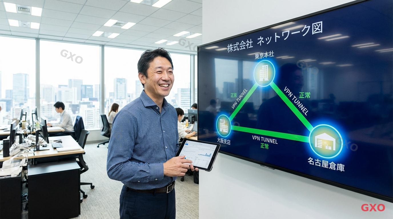 Photo-realistic image of a small-to-medium Japanese company network map displayed on a large wall-mounted monitor. The map shows three connected offices: Tokyo main office, Osaka branch, and Nagoya warehouse, linked by VPN tunnels with green status indicators. A pleased IT manager (male, Japanese, late 40s, wearing business casual) reviewing performance metrics on a tablet. Modern open-plan office background with natural light, conveying successful implementation and business efficiency.