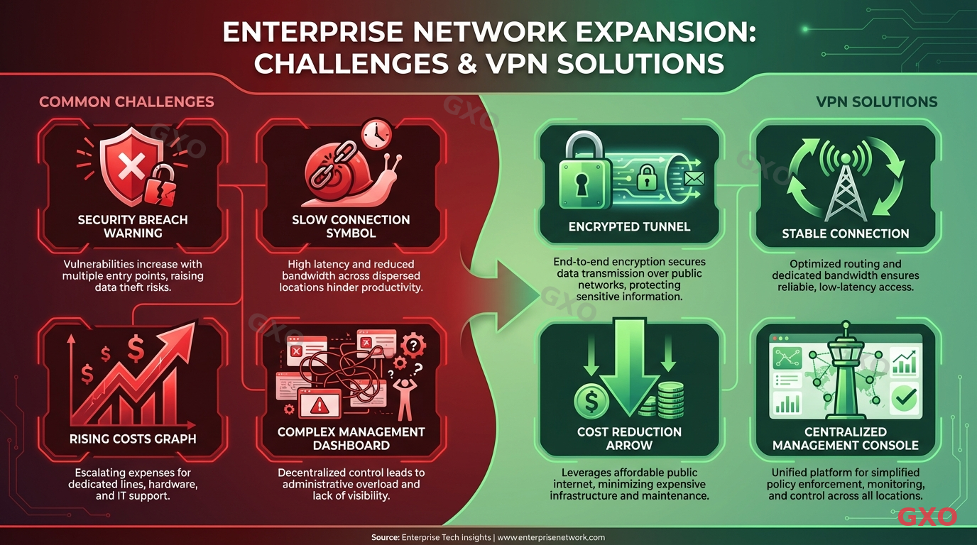 Professional infographic displaying common enterprise network challenges when expanding to multiple office locations. Left side shows problem icons: security breach warning, slow connection symbol, rising costs graph, complex management dashboard. Right side shows VPN solutions: encrypted tunnel, stable connection, cost reduction arrow, centralized management console. Split layout with red-to-green color transition, modern corporate infographic style.