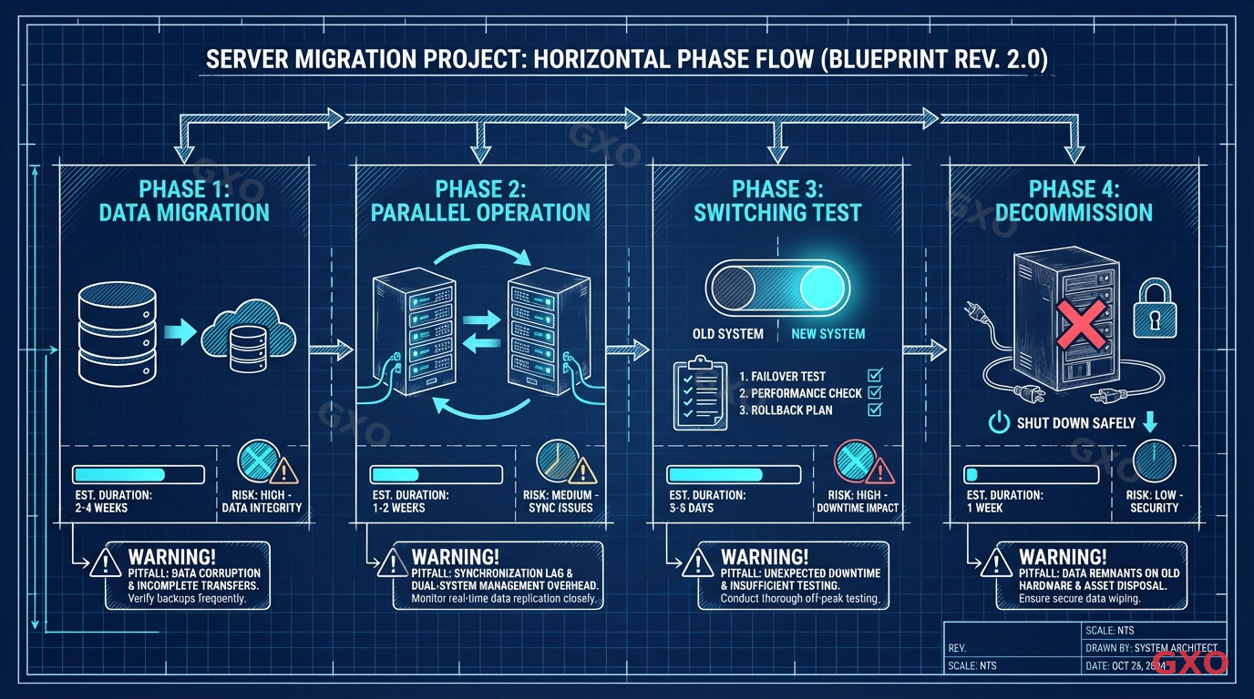 Technical diagram illustrating four phases of server migration project as a horizontal flow. Phase 1: 'Data Migration' with database transfer icon, Phase 2: 'Parallel Operation' with two server racks running simultaneously, Phase 3: 'Switching Test' with toggle switch icon and testing checklist, Phase 4: 'Decommission' with old server being shut down safely. Each phase has estimated duration bar and risk indicators. Warning callouts highlight common pitfalls at each stage. Blueprint-style design with dark navy background and bright cyan/white elements.