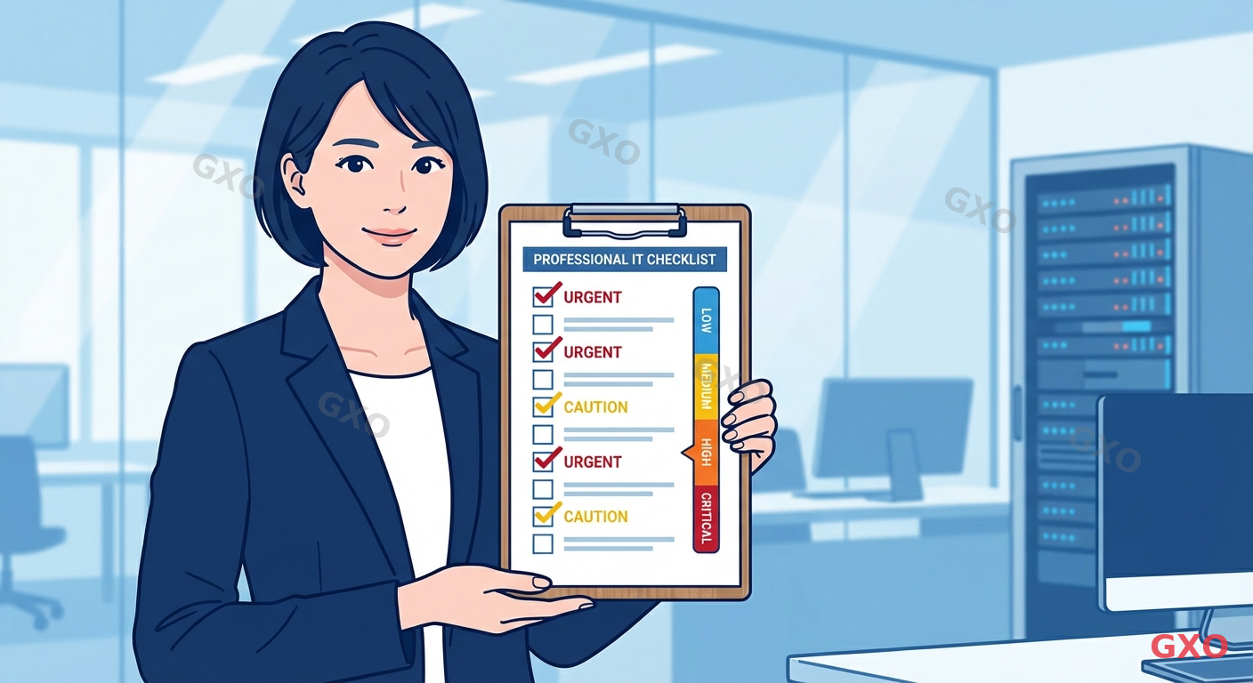 Clean modern illustration of a professional checklist document with 10 items, each with a checkbox. The checklist is shown on a clipboard held by a Japanese IT professional (female, early 30s, wearing smart casual). Some boxes are checked in red (urgent items) and others in yellow (caution items). A scoring meter on the side shows urgency levels: Low, Medium, High, Critical. Office background with subtle server room elements. Bright, organized, business-friendly design with blue and white primary colors.