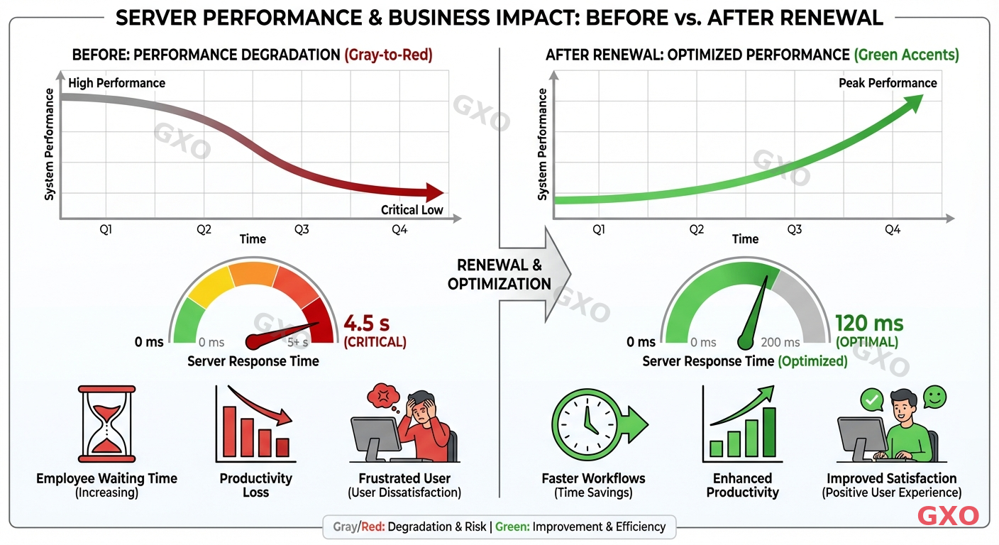 Professional infographic showing a downward performance curve over time. A speedometer-style gauge showing server response time increasing from milliseconds to seconds. Below, three business impact icons: hourglass (employee waiting time), declining bar chart (productivity loss), and frustrated user at computer. Right side shows 'After Renewal' metrics with improved green indicators. Clean data visualization style with before/after comparison layout. Gray-to-red gradient for degradation, green accents for improvement.