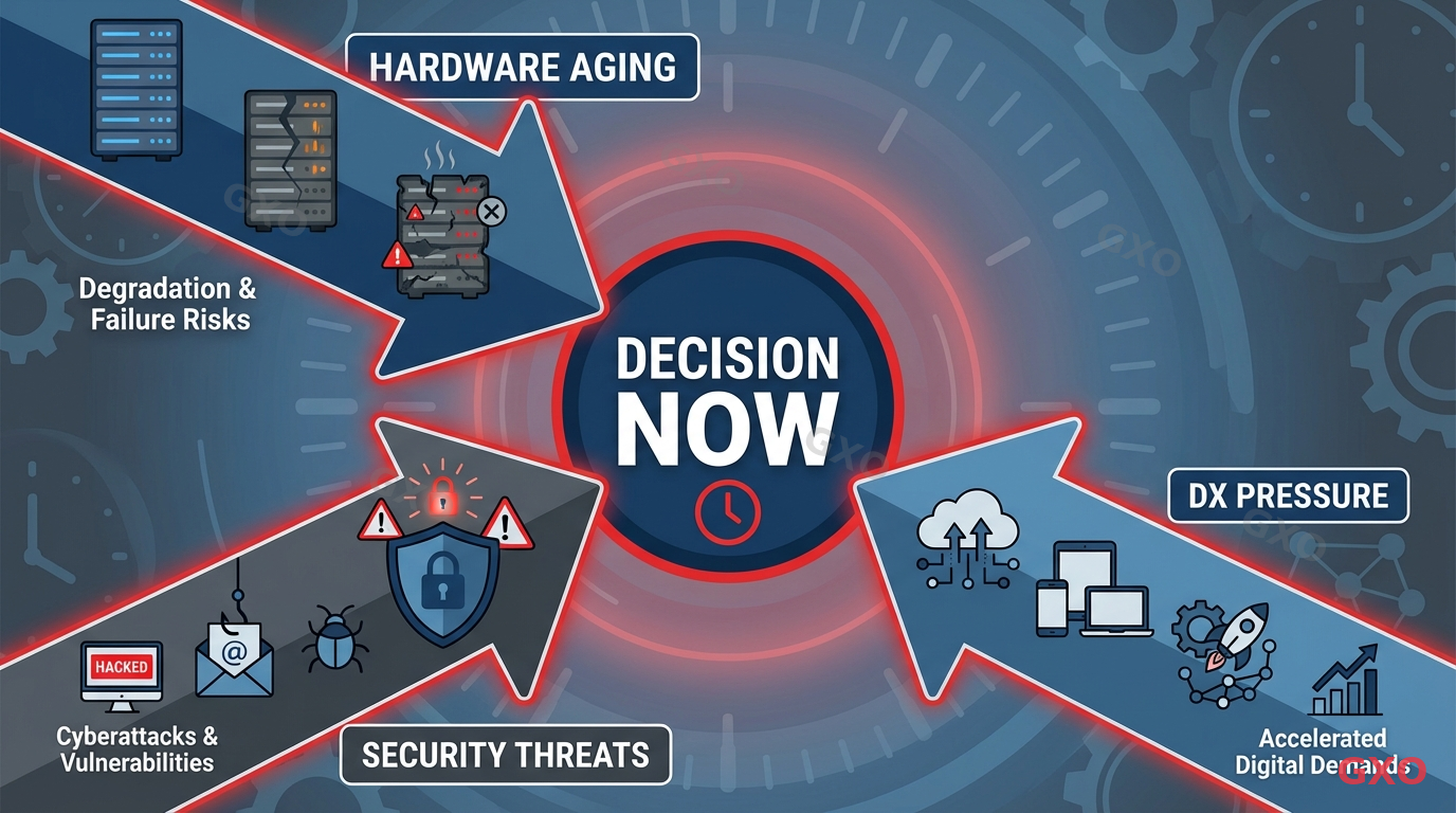Professional infographic displaying three converging arrows pointing to a central 'Decision Now' badge. Arrow 1 labeled 'Hardware Aging' with server icons showing degradation, Arrow 2 labeled 'Security Threats' with shield and warning symbols, Arrow 3 labeled 'DX Pressure' with digital transformation icons. Background shows a subtle clock motif suggesting urgency. Corporate blue and dark gray palette with red accent for urgency elements. Modern flat design style suitable for business presentations.