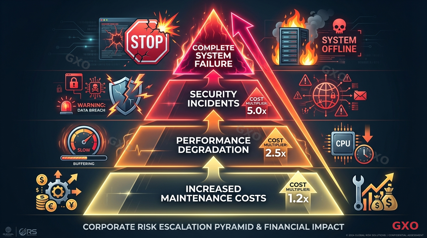 Professional infographic showing a risk escalation pyramid with four levels. Bottom level: 'Increased maintenance costs' with money icons, Second level: 'Performance degradation' with slow gauge, Third level: 'Security incidents' with breach alert icons, Top level: 'Complete system failure' with stop sign. Each level has an arrow showing cost multiplier increasing as you go up. Dark background with glowing red, orange, yellow tier indicators. Corporate risk assessment visual style.