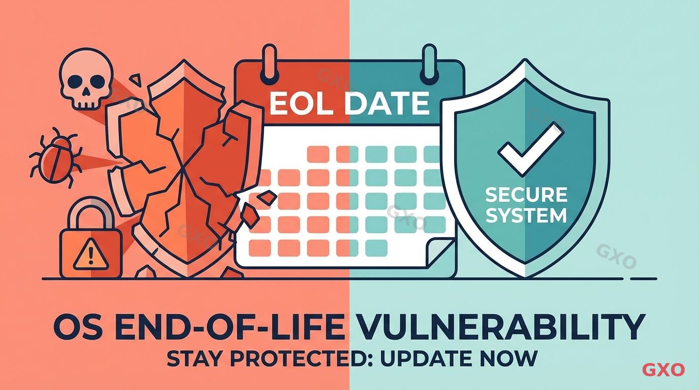 Clean modern illustration showing a shield icon cracking apart, representing security vulnerability after OS end-of-life. Behind the broken shield, threat icons (skull, bug, lock with warning) are approaching. A calendar page showing 'EOL' date is prominent. On the right side, a protected shield with checkmark represents updated systems. Split composition: vulnerable left side in red-orange tones, protected right side in blue-green tones. Corporate security awareness poster style.