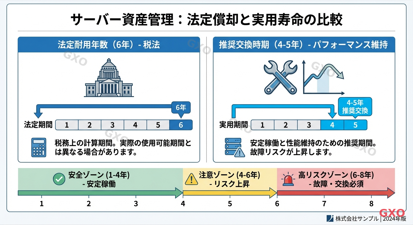 Professional infographic comparing legal depreciation period versus actual server lifespan. Left column shows '6 years - Tax Law' with a government building icon, right column shows '4-5 years - Recommended Replacement' with a wrench and performance graph. A horizontal timeline at the bottom marks years 1 through 8, with green zone (safe) from 1-4, yellow zone (caution) from 4-6, and red zone (high risk) from 6-8. Clean minimal design with blue, green, yellow, and red color coding. Japanese business document style.