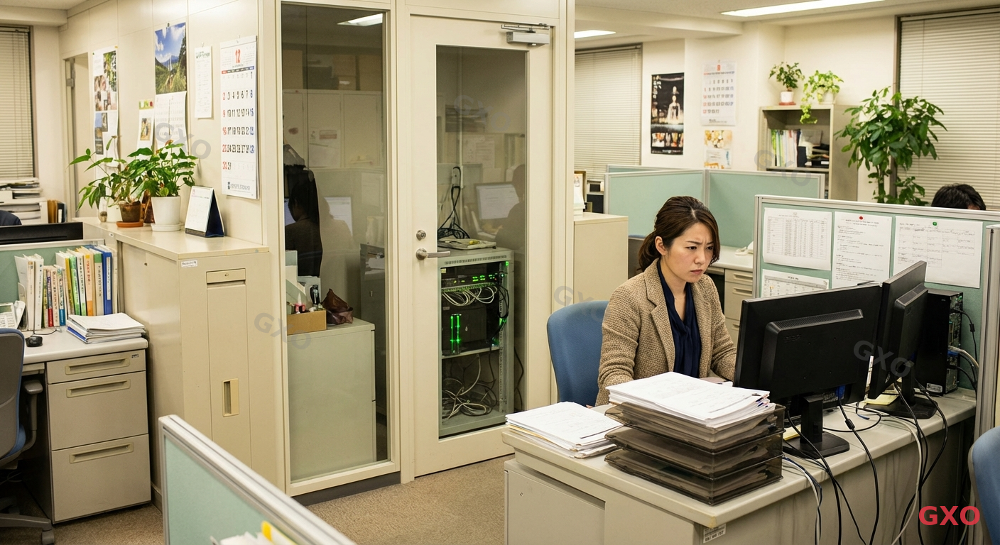 Photo-realistic image of a small Japanese office environment (approximately 30 employees). A Japanese IT staff member (female, mid-30s, wearing business casual) working alone at her desk surrounded by documentation and a small server rack visible through a glass door behind her. Her expression shows determination despite the workload. Compact office space with limited IT infrastructure. Warm office lighting, realistic Japanese SME atmosphere. Highlighting the challenge of limited resources and personnel in small business IT management.
