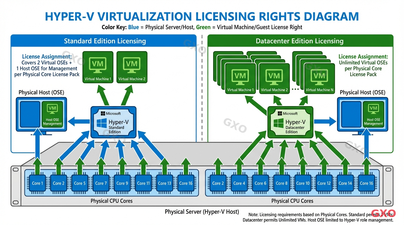 Technical diagram showing Hyper-V virtualization licensing rights. A physical server at the bottom with CPU cores highlighted, connected upward to virtual machines. Standard license shows 2 VMs plus 1 host, Datacenter shows unlimited VMs. License assignment arrows from physical cores to VMs. Clean technical documentation style, blue and green color coding, white background with clear labels.