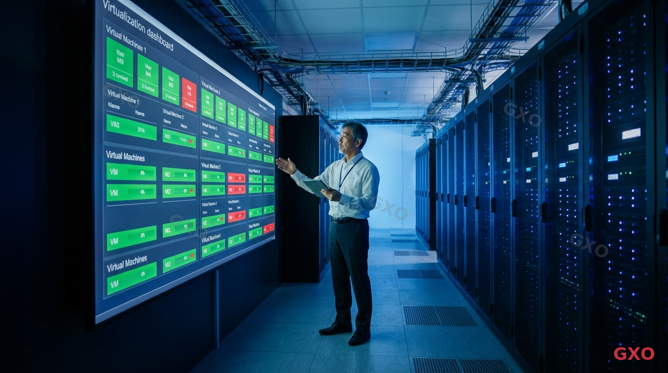 Photo-realistic image of a large enterprise server room with multiple rows of server racks. A senior IT engineer (Japanese male, early 50s, wearing a white dress shirt) reviewing server status on a large wall-mounted monitoring display showing VM dashboard with 20+ virtual machines. Blue LED lighting from server racks, cable management trays visible above. Professional data center atmosphere with raised floor tiles.