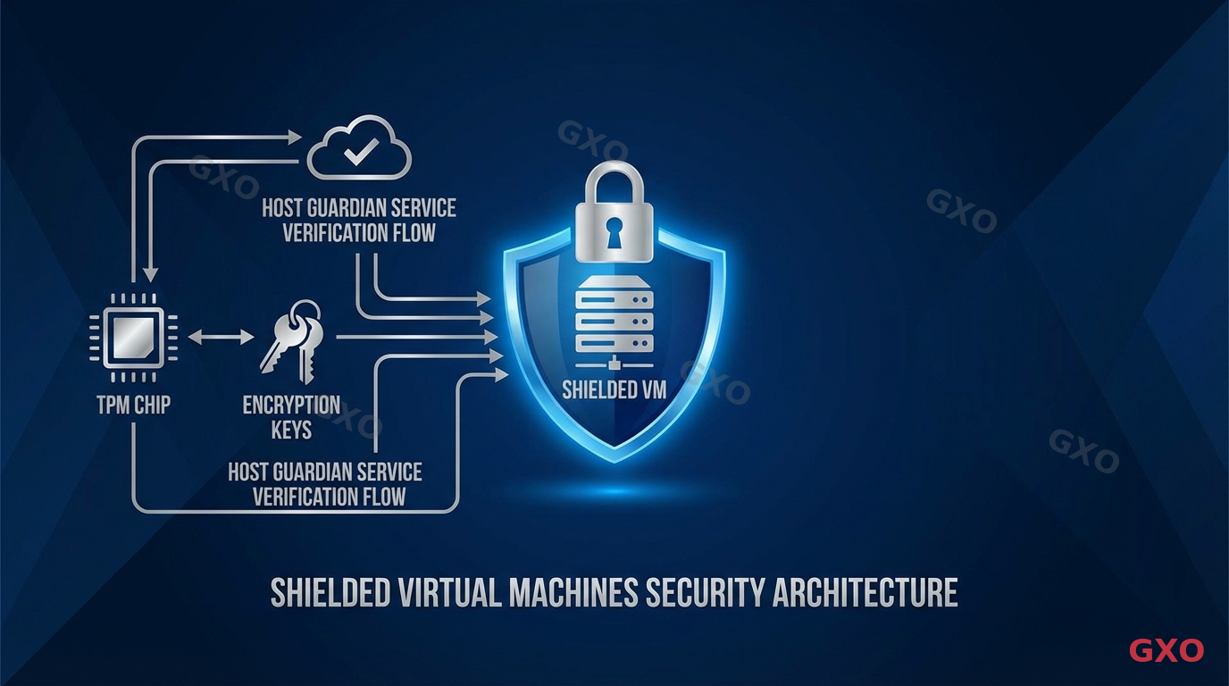 Illustration showing the concept of Shielded Virtual Machines security. A virtual machine icon enclosed within a protective shield with a lock symbol. Surrounding elements show TPM chip, encryption keys, and Host Guardian Service verification flow. Dark blue and silver color scheme suggesting security and trust. Clean vector style, corporate security documentation quality.