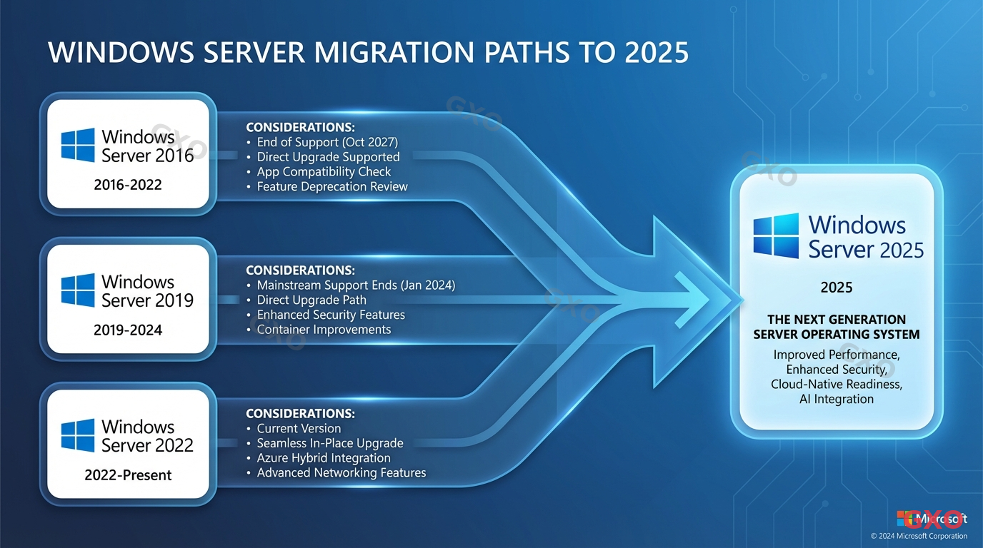 Clean illustration showing migration paths from older Windows Server versions (2016, 2019, 2022) to Windows Server 2025. Three arrows converging from left (old versions) to right (2025). Each arrow labeled with key consideration points. Timeline style layout with version logos. Professional blue gradient background, corporate presentation quality.