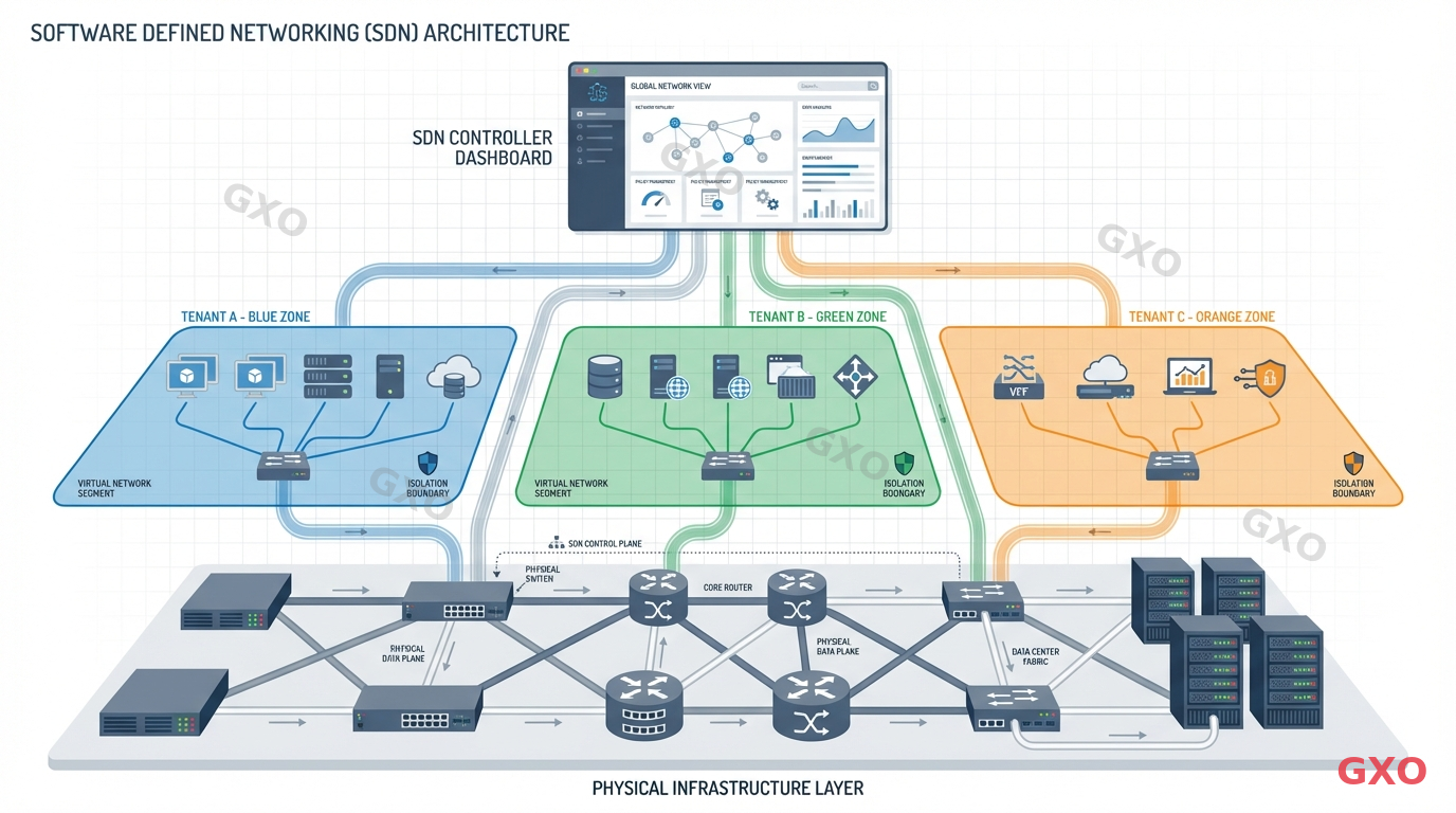 Clean modern illustration of Software Defined Networking (SDN) concept. A central controller dashboard at the top connected to multiple virtual network segments below. Shows tenant isolation with different colored network zones (blue, green, orange). Physical switches and routers shown as abstracted layer underneath. Flat design style, professional IT architecture diagram, white background with subtle grid.
