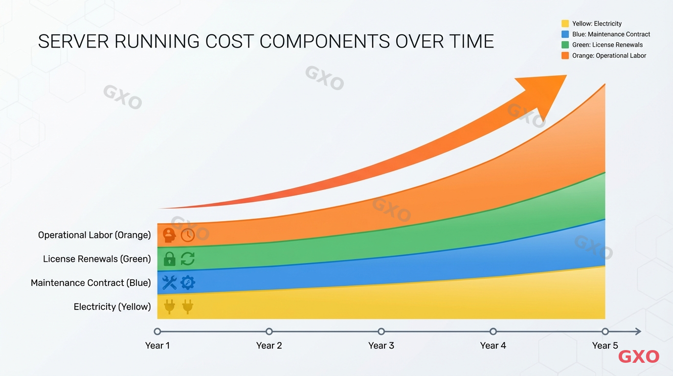 ランニングコストの内訳と試算方法 Clean modern illustration showing server running cost components over time. Horizontal timeline (Year 1 to Year 5) with stacked cost layers: electricity (yellow), maintenance contract (blue), license renewals (green), and operational labor (orange). Arrow trending upward to show cost growth. Minimalist corporate infographic style with light background.