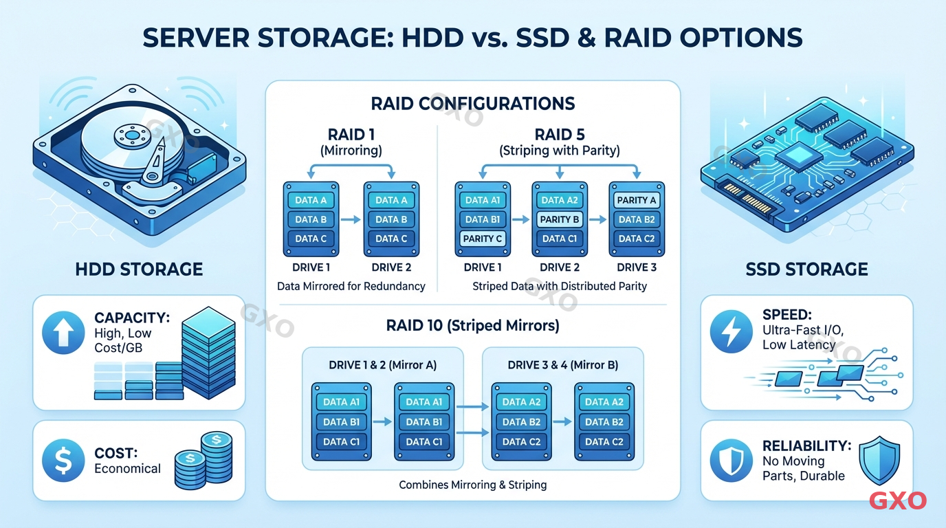 ストレージ種類とRAID構成の比較 Clean modern illustration comparing HDD and SSD storage options for servers. Left side shows HDD icon with capacity and cost labels, right side shows SSD with speed and reliability labels. Center shows RAID configuration diagram (RAID 1, RAID 5, RAID 10) with simple visual representation of data distribution. Blue and white color palette with subtle gradients, modern flat design style.