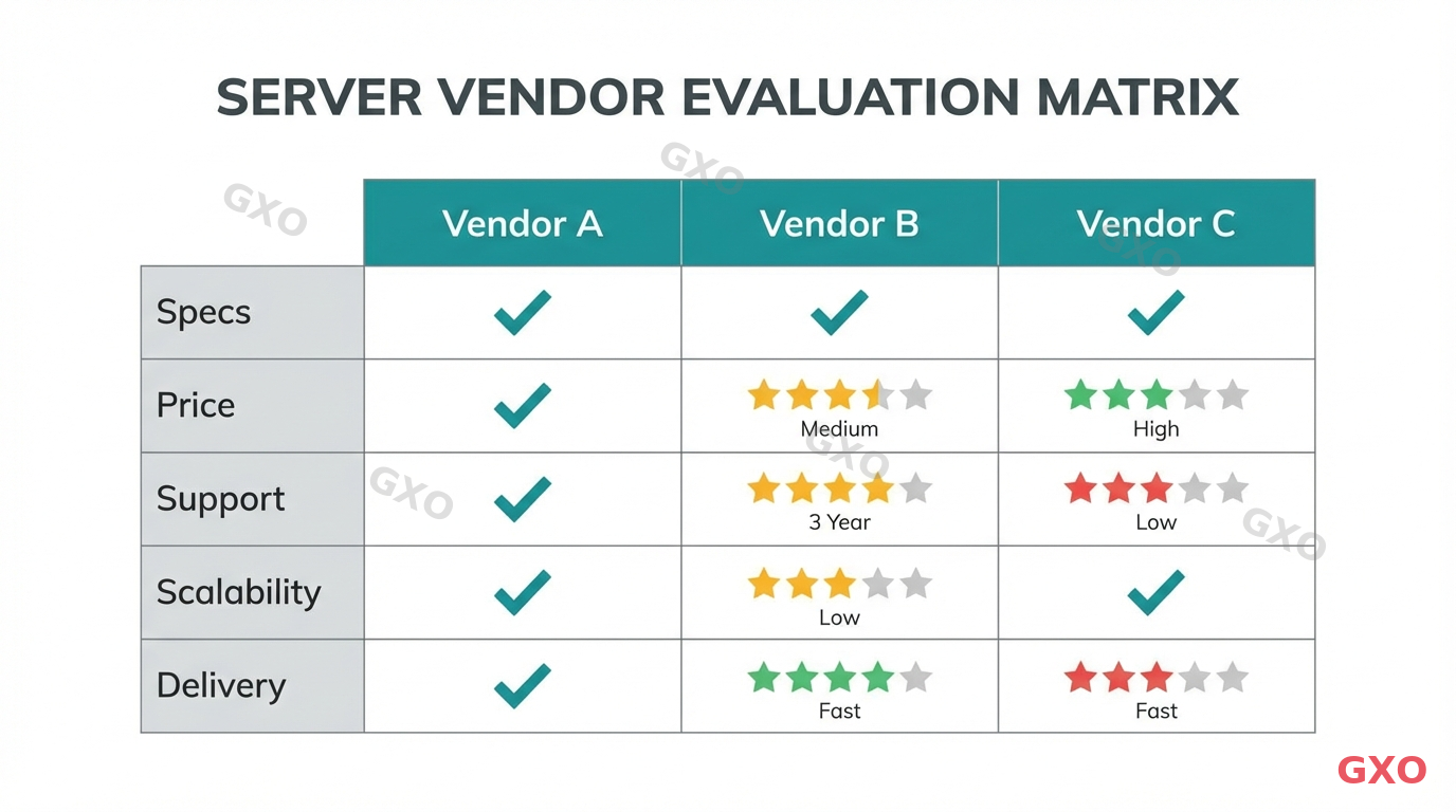 ベンダー見積もり比較の方法 Clean modern illustration of a comparison matrix for server vendor evaluation. Shows a table layout with vendor names as columns (Vendor A, B, C) and evaluation criteria as rows (specs, price, support, scalability, delivery). Checkmarks and rating indicators in cells. Professional business analysis style with teal and gray color scheme, clean gridlines.