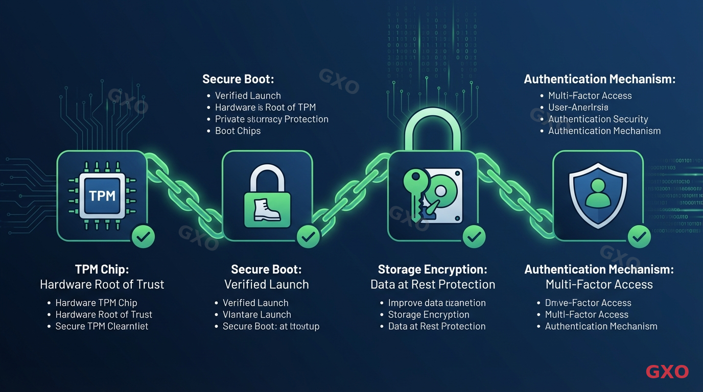 セキュリティ機能とコンプライアンス確認 Clean modern illustration of server security features checklist. Shows TPM chip icon, Secure Boot lock symbol, storage encryption key graphic, and authentication mechanism shield. Connected by a security chain visual metaphor. Dark blue background with green security indicators and white text labels. Professional cybersecurity documentation style.