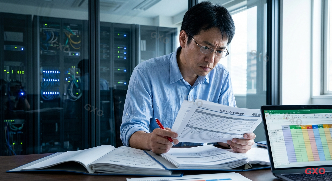 サーバー見積もりの確認チェックリスト Photo-realistic image of a Japanese IT manager (male, late 40s, wearing a light blue dress shirt with sleeves rolled up) sitting at a desk in a modern server room adjacent office, carefully reviewing a printed server quotation document with a red pen. Multiple vendor proposals spread across the desk, a laptop showing a comparison spreadsheet. Background shows server racks through glass partition with blue LED lights. Natural office lighting mixed with cool server room glow, professional and focused atmosphere. Highlighting the meticulous process of server procurement evaluation.
