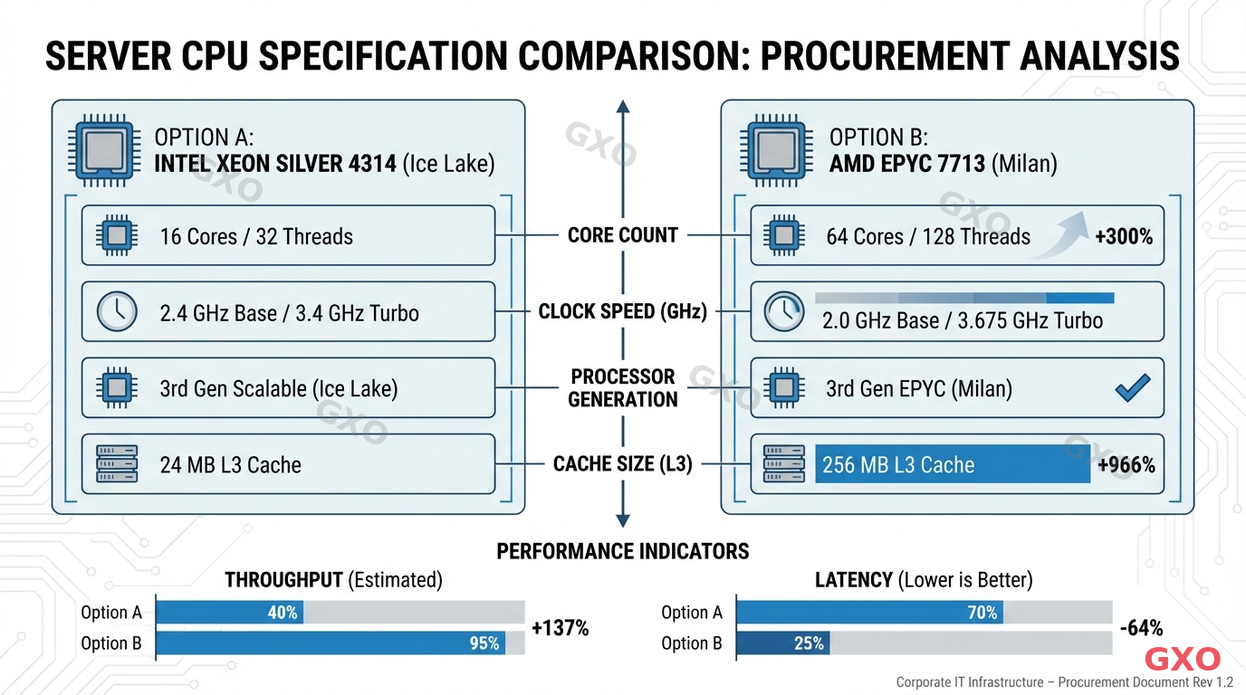 CPUスペック確認のポイント Technical diagram illustrating CPU specification comparison for server procurement. Shows labeled components: core count, clock speed (GHz), processor generation, and cache size. Side-by-side comparison of two processor options with performance indicators. Clean infographic style with blue and gray color scheme, white background. Corporate tech documentation aesthetic.
