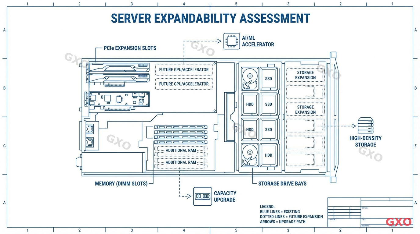 拡張性と将来対応力の確認 Technical diagram showing server expandability assessment. Illustration of a server chassis with labeled expansion slots (PCIe, memory, drive bays), some occupied and some empty with dotted outlines indicating future expansion potential. Arrows showing upgrade paths. Clean blueprint style with blue lines on white background, engineering documentation aesthetic.