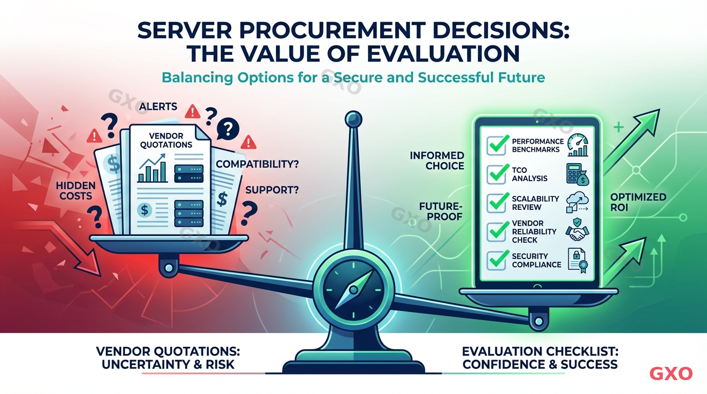 サーバー見積もり確認の重要性 Clean modern illustration showing a balance scale metaphor for server procurement decisions. Left side shows a stack of vendor quotation documents with question marks, right side shows a checklist with green checkmarks. Background gradient from red (risk) to green (success). Minimalist corporate style with navy blue and teal accent colors. Conveying the importance of thorough evaluation before server purchase decisions.