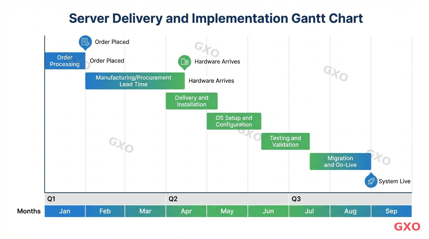 納期と導入スケジュール計画 Clean modern illustration of server delivery and implementation timeline. Gantt chart style showing phases: order processing, manufacturing/procurement lead time, delivery and installation, OS setup and configuration, testing and validation, migration and go-live. Color-coded bars on a timeline axis. Professional project management style with blue and green indicators.