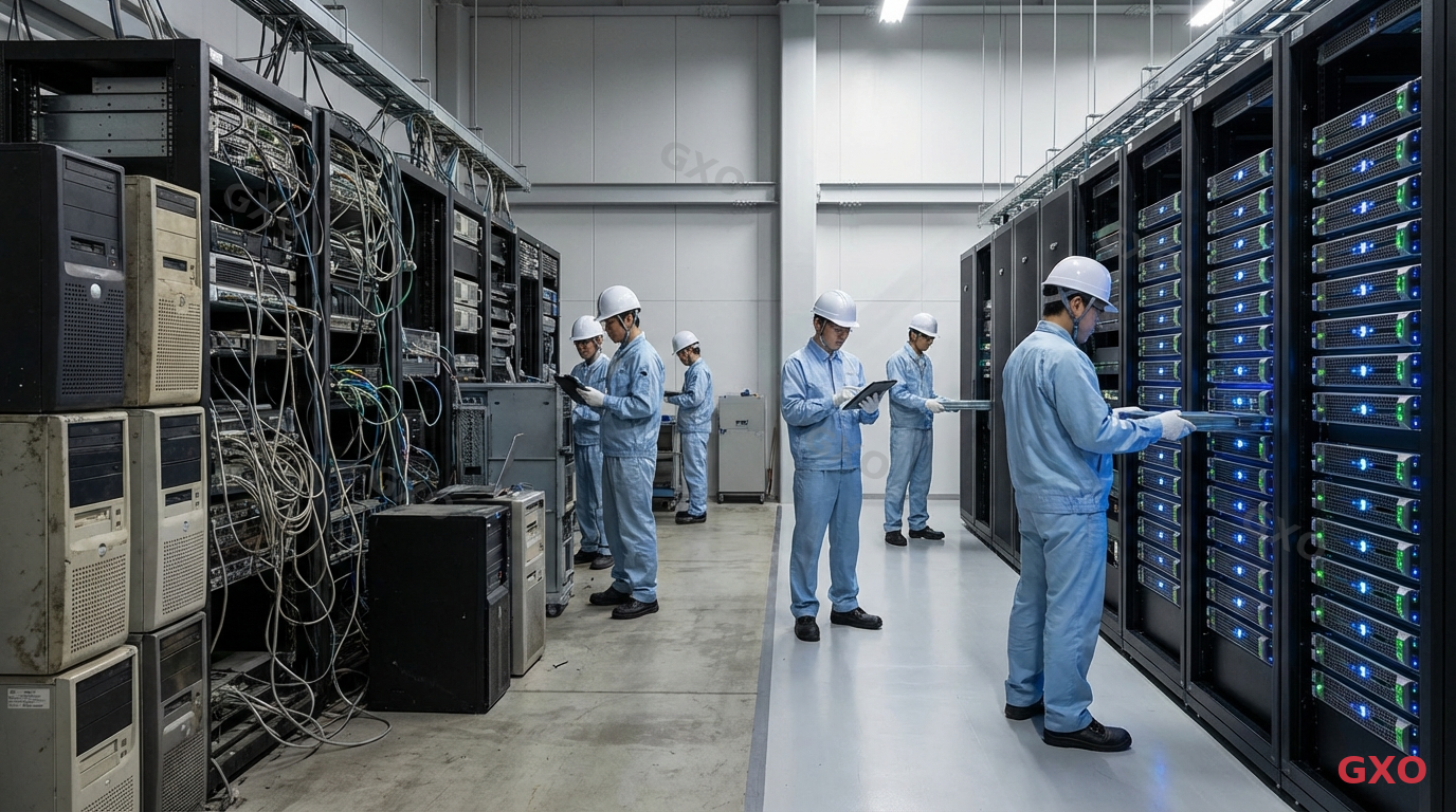 Photo-realistic image of a modern Japanese manufacturing facility's server room being modernized. Old tower servers on the left side (slightly dusty, cable mess) being replaced by sleek new hyperconverged nodes on the right side (clean, organized, LED indicators). A small team of engineers overseeing the transition. Split composition showing before and after, industrial setting with clean room elements, professional transformation narrative.