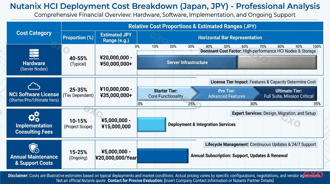 Professional infographic displaying a detailed cost breakdown table for Nutanix HCI deployment. Categories include: hardware (server nodes), NCI software license (Starter/Pro/Ultimate tiers), implementation consulting fees, annual maintenance and support costs. Each category shown as a horizontal bar with relative proportions. Japanese yen symbols, clean corporate presentation style with blue headers and white background.
