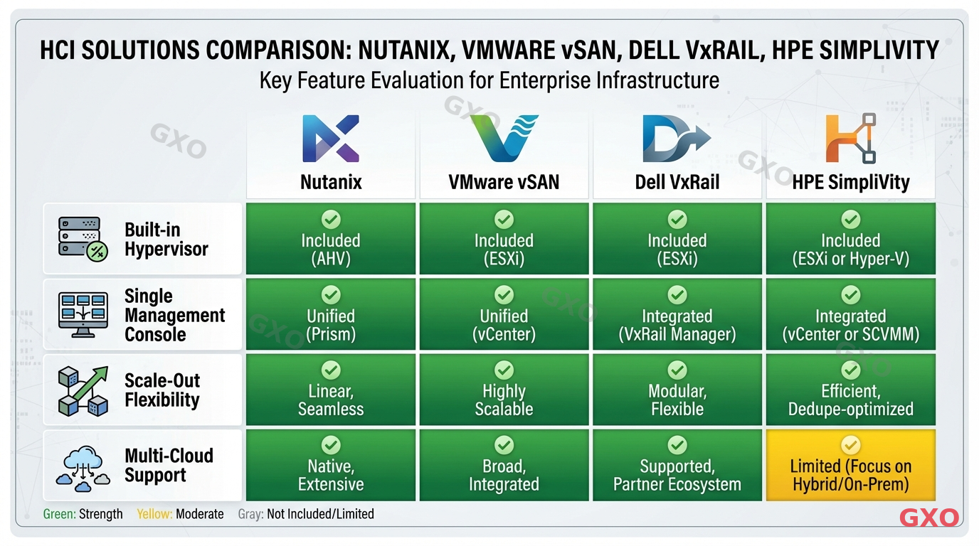 Professional comparison infographic showing four HCI solutions side by side: Nutanix, VMware vSAN, Dell VxRail, and HPE SimpliVity. Each column displays icons for key features: built-in hypervisor (check/cross), single management console, scale-out flexibility, multi-cloud support. Color-coded cells (green for strength, yellow for moderate, gray for not included). Clean corporate table design with header logos represented as abstract shapes.